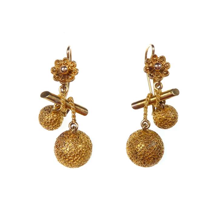 Pair of graduated ball pendant earrings, with bead and wirework decoration,